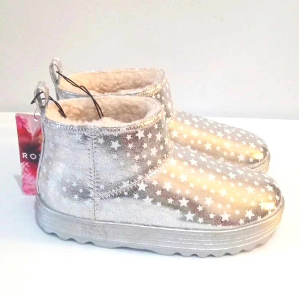 ROXY GIRLS METALLIC SILVER STAR SPANGLED SHERPA LINED ANKLE BOOTIES SIZE 3 NWT